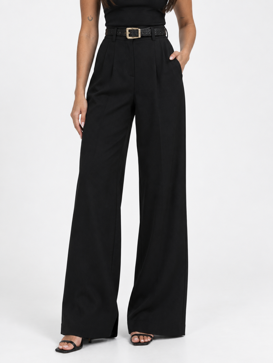 Schwarz - High-Waist-Hose in Straight-Leg