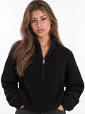 Schwarz - Rippstrickpullover mit kurzem Zipper
