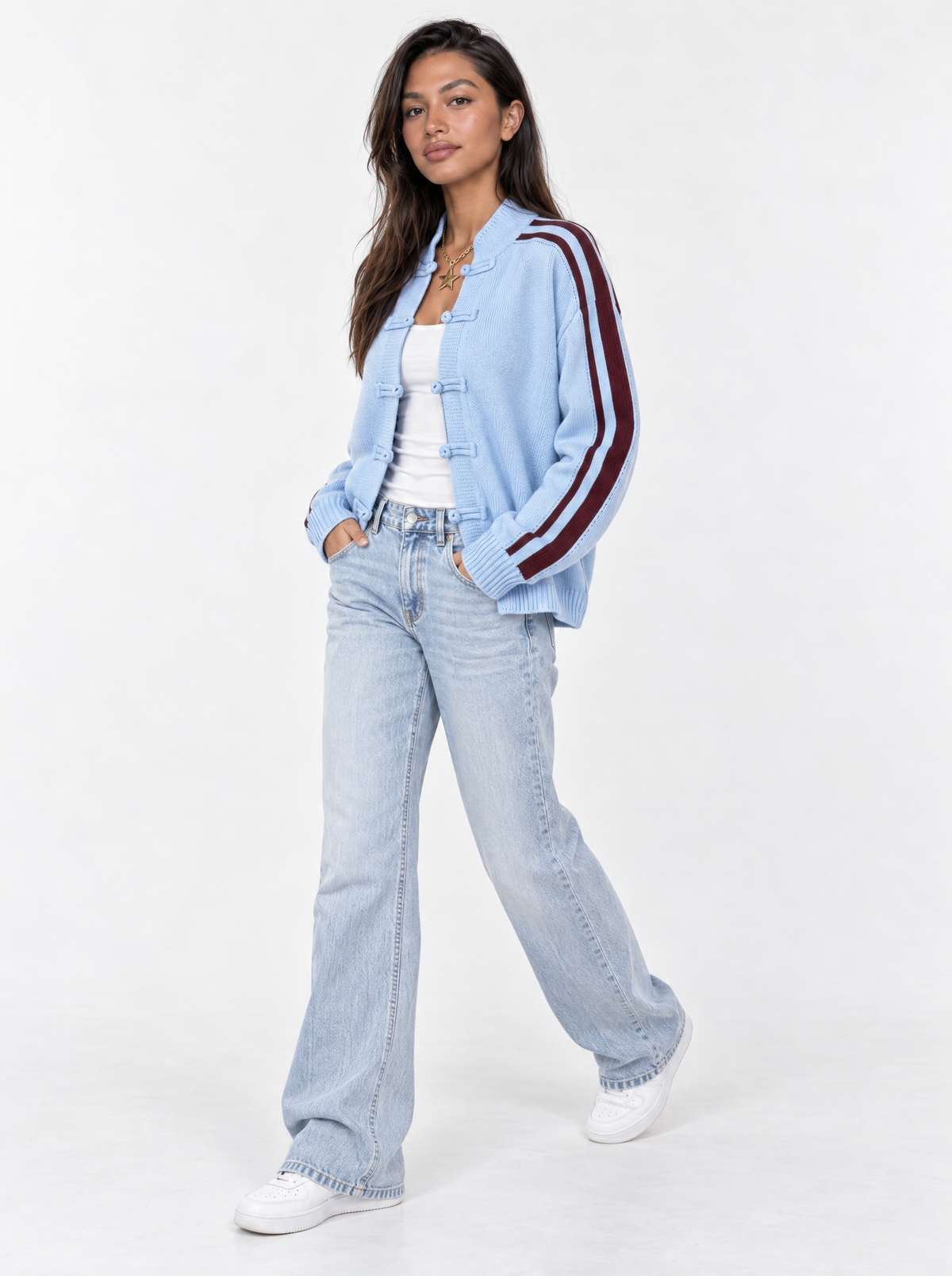 Blau - Strickjacke mit Knebelverschluss & Kontraststreifen