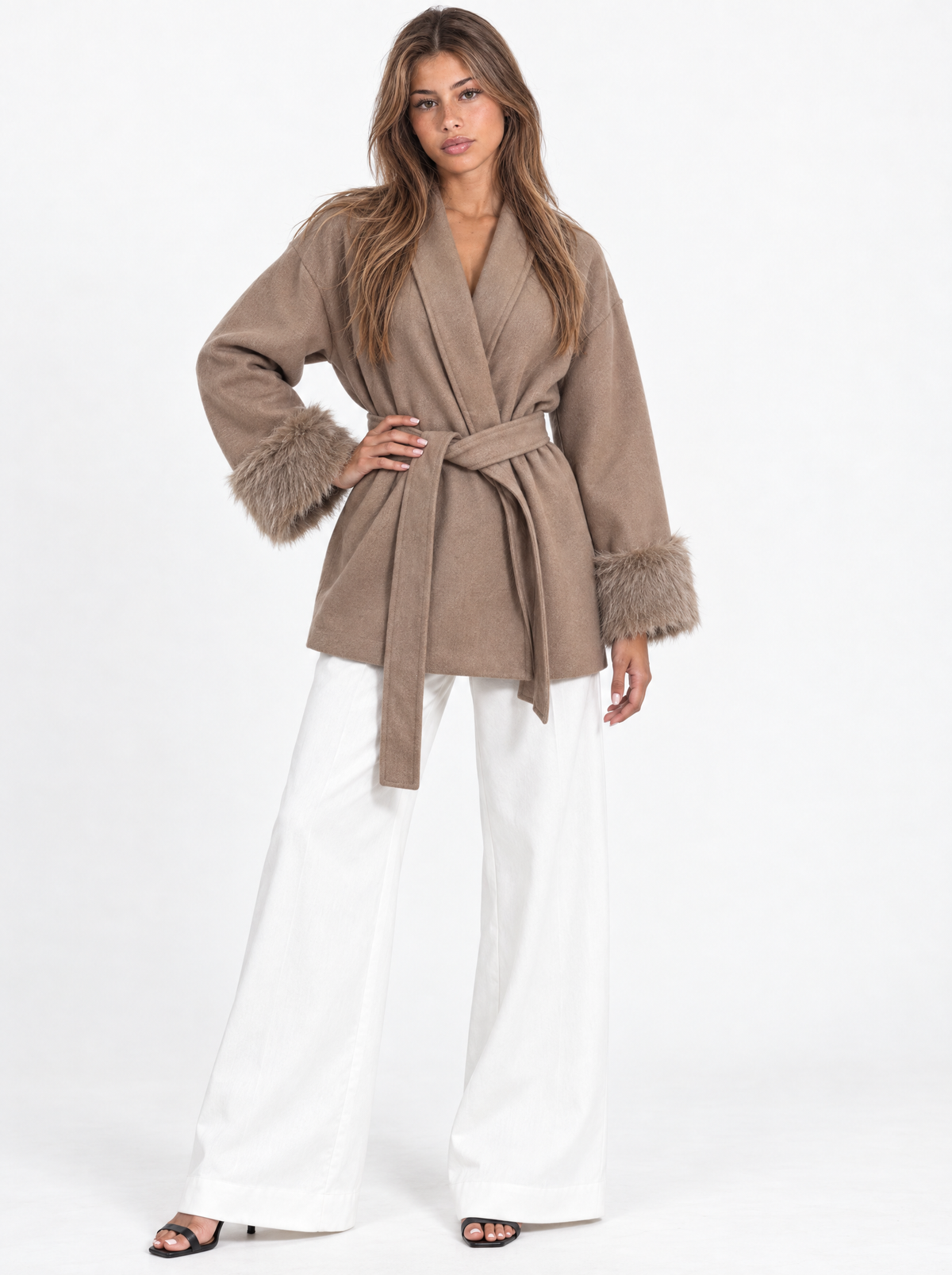Khaki - Wickeljacke mit Kunstfell-Manschetten
