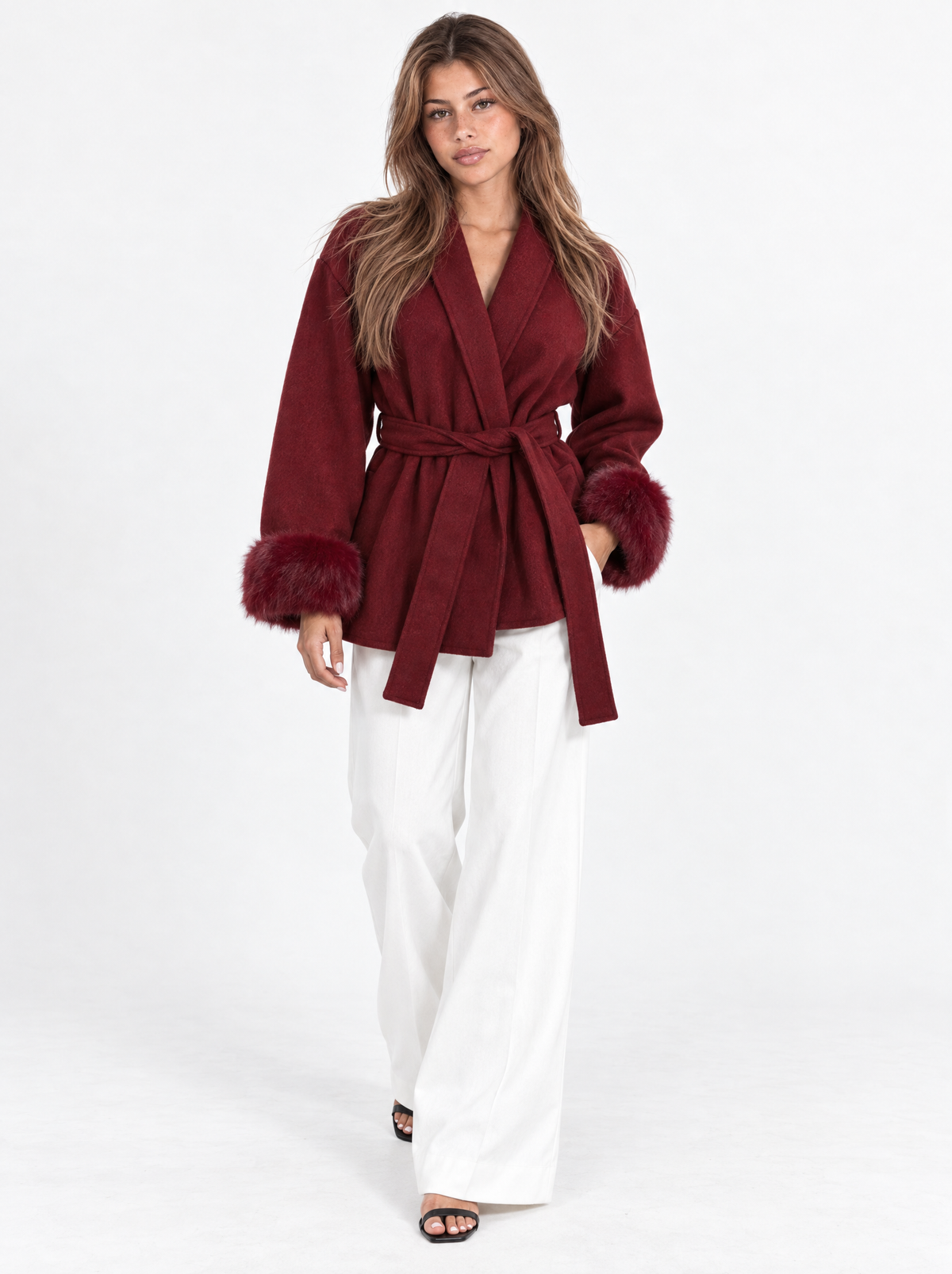 Weinrot - Wickeljacke mit Kunstfell-Manschetten