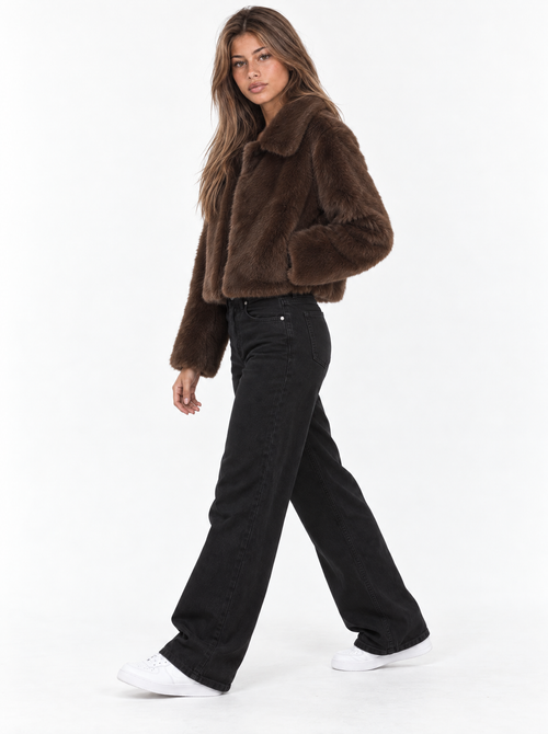 Braun -Cropped-Kunstfelljacke mit breitem Kragen